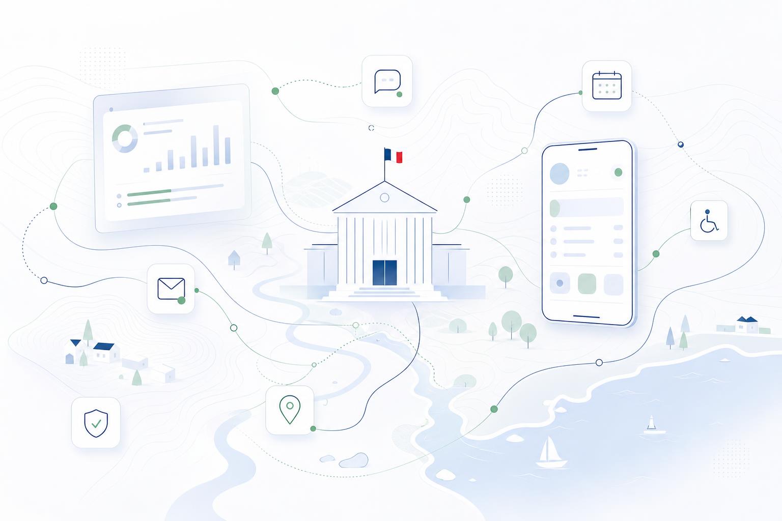 Illustration moderne d’un territoire connecté avec une mairie, un dashboard, des sites web et des icônes de communication citoyenne